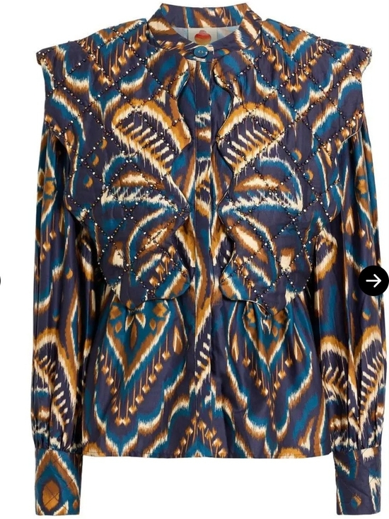 FARM Rio Tops - NWT size S FARM Rio Navy, Teal & Tan Ikat-Print Ruffled Shoulder Blouse